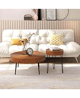Costway Farmhouse Round CoffeeTable Set of 2 End Table Natural Finish for Living Room