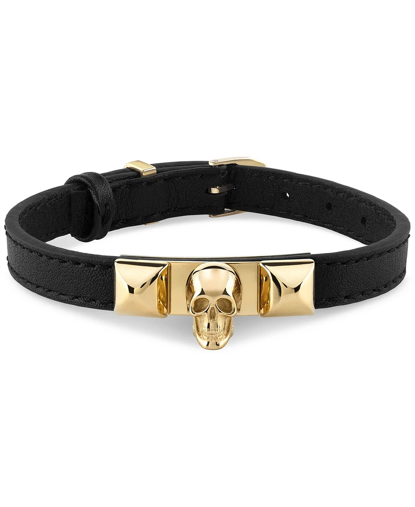 Philipp Plein Men's Enigma Skull Pendant Black Leather Bracelet in Gold Ion-Plated Stainless Steel