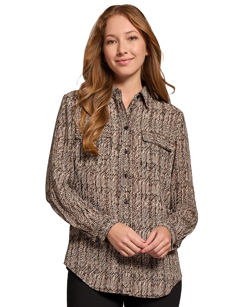 Jones New York Petite Printed Button-Front Utility Blouse