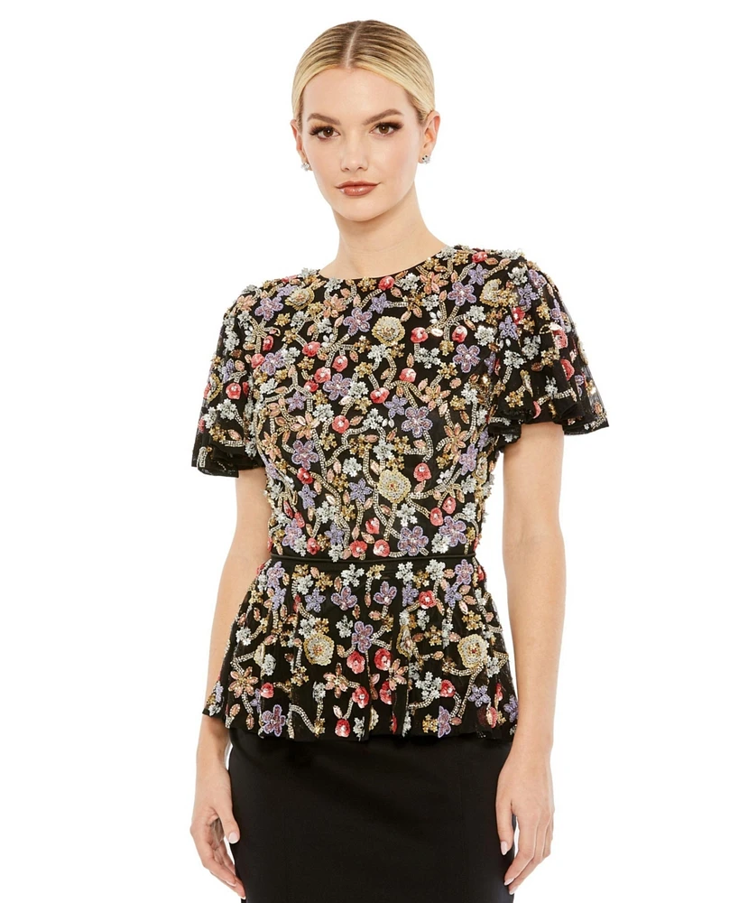 Mac Duggal Women's Floral Embellished Butterfly Sleeve Peplum Top