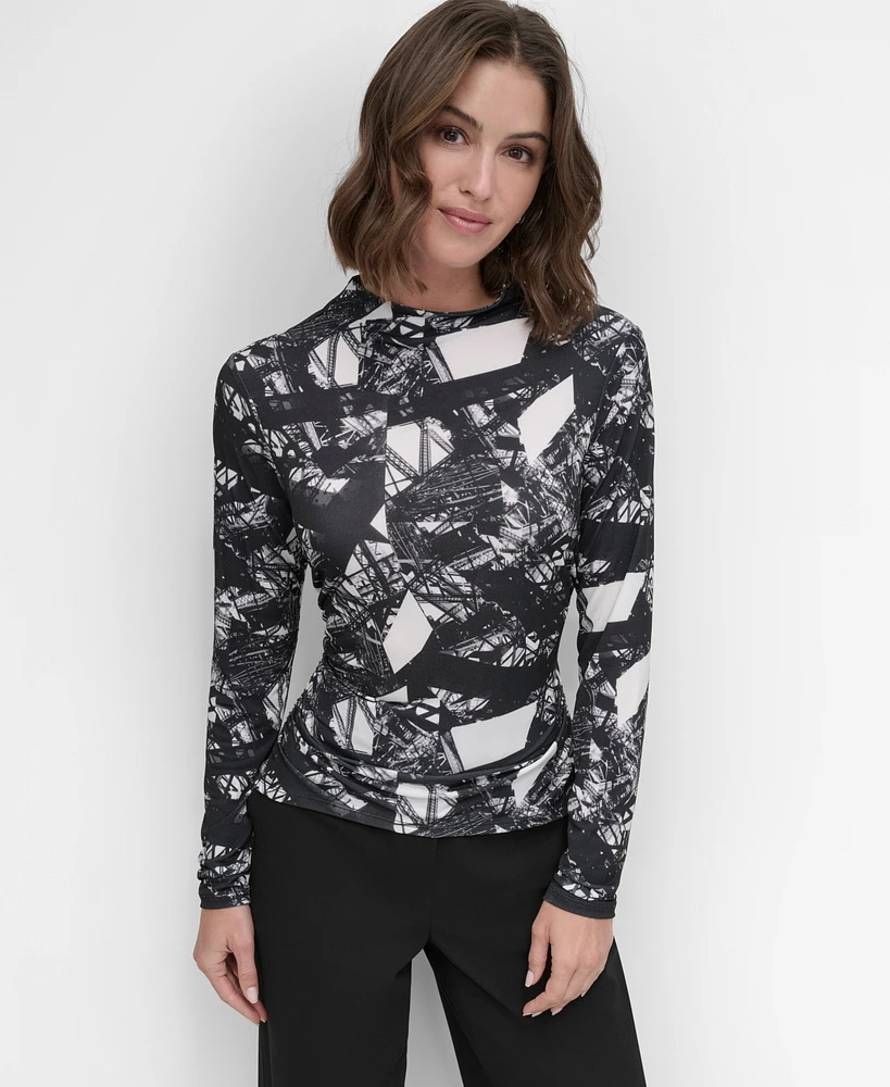 Dkny Women's Printed Mock Neck Mesh Top