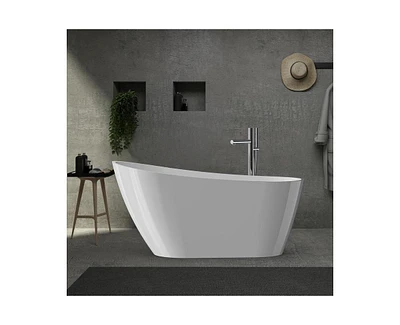 gaomon 59" Freestanding Bathtub, White Acrylic Streamline Stand Alone Soaking Bath Tubs for Adult with Overflow and Drain in Chrome, Perfect for Your