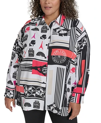 Karl Lagerfeld Paris Plus Printed Collared Button-Front Shirt, Exclusively at Macy's