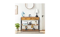 Slickblue 3-Tier Console Table for Entryway with Drawer and 2 Open Storage Shelves, Industrial Sofa Table with Sturdy X Design for Living Room