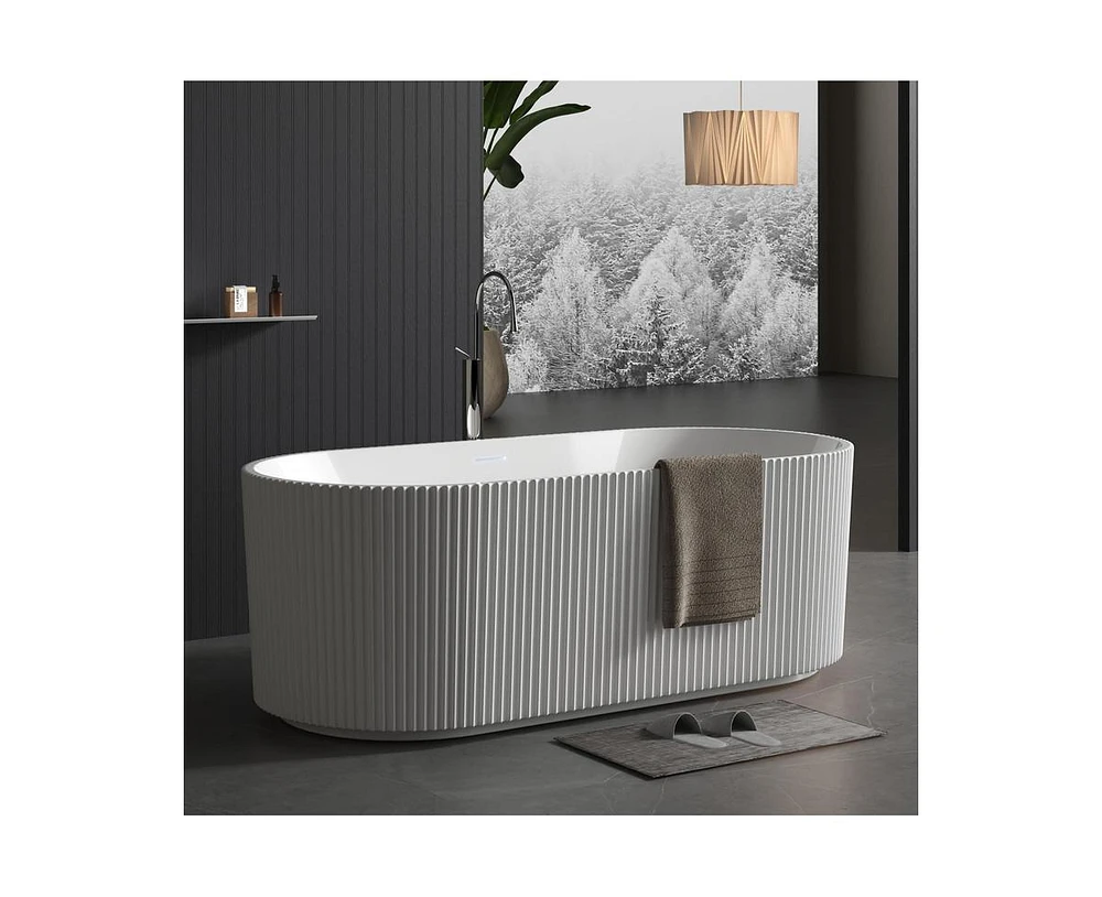 gaomon 67"Acrylic Freestanding Bathtub, V Shape Freestanding Soaking Acrylic Bathtub, Unique Pleated Design With Chrome Drain and Classic Slotted Over