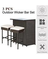 Sugift 3-piece Rattan Wicker Bar Table Stools Dining Set Cushioned Chairs