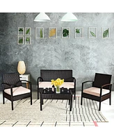 Sugift 4 Pieces Patio Ratten Conversation Set with Loveseat Sofas and Coffee Table