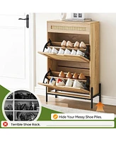 gaomon Natural Rattan Shoe Cabinet, 2 Flip Door Shoe Rack with a Drawer, Modern Freestanding Shoe Organizer