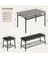 gaomon Kitchen Table with Bench, Dining Room Table Set for 4 with Upholstered Bench and Square Stools, Table Set with Storage -Grey