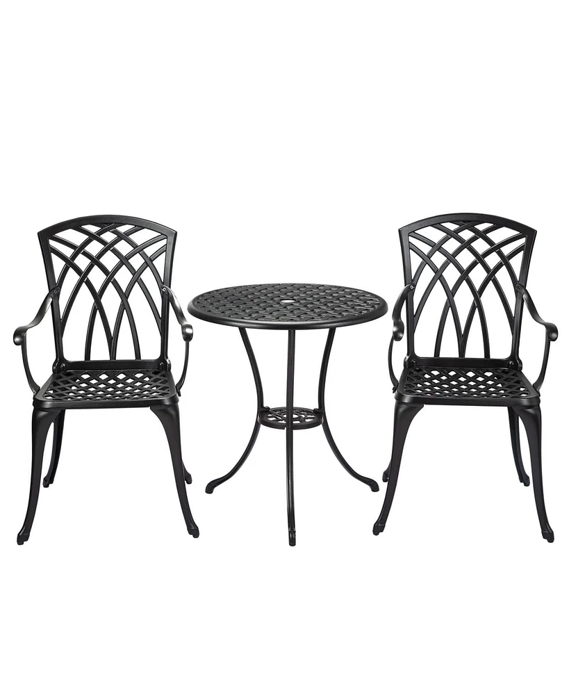 gaomon Cast Aluminum Patio Bistro Set with Umbrella Hole, 3 Piece Outdoor Bistro Set Rust-Resistant, Patio Table and Chairs, Black