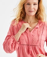 Style & Co Women's Eyelet Embroidered Blouson-Sleeve Blouse, Exclusively at Macy's