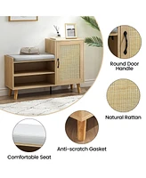 gaomon Natural Rattan Shoe Storage Bench with Upholstered,2-in-1 Shoe Cabinets with Adjustable Shelf