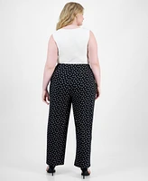 Ak Anne Klein Plus Dot-Print Pull-On Wide-Leg Pants