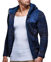 Leif Nelson Men's Knit Zip-up Jacket With Geometric Patterns and Leather Accents