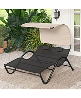 Skonyon Outdoor Double Chaise Lounge Chair with Sunshade Canopy and Headrest Pillows