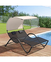 Skonyon Outdoor Double Chaise Lounge Chair with Sunshade Canopy and Headrest Pillows