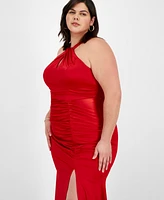 Emerald Sundae Plus Size Sateen Shirred Halter Gown, Created for Macy's