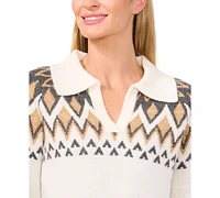 CeCe Women's Collared Fair Isle Sweater