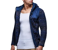 Leif Nelson Men's Knit Zip-up Jacket With Geometric Patterns and Leather Accents