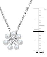 Cultured Freshwater Pearl (3-3-1/2mm) and Lab Grown White Sapphire (1/8 ct. t.w.) Flower 18" Pendant Necklace in Sterling Silver