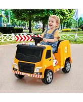 Hongge 12V Kids Ride-on Garbage Truck with Warning Lights and 6 Recycling Accessories-Yellow