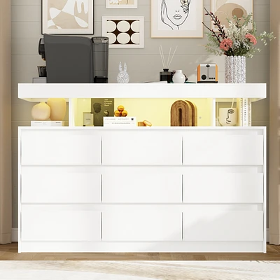 Homsee White Dresser with 9 Handleless Drawers & Led Light, Chest of Drawers with Charging Station