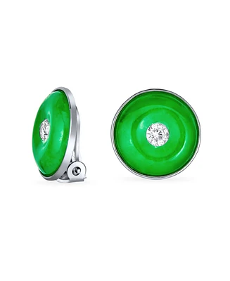 Bling Jewelry Round Disc Cz Accent Green Dyed Jade Clip On Earrings For Women Sterling Silver Non Pierced