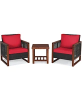 Sugift 3 Pieces Acacia Wood Patio Furniture Set with Coffee Table-Red