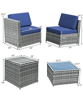 Sugift 8 Piece Wicker Sofa Rattan Dinning Set Patio Furniture with Storage Table-Navy