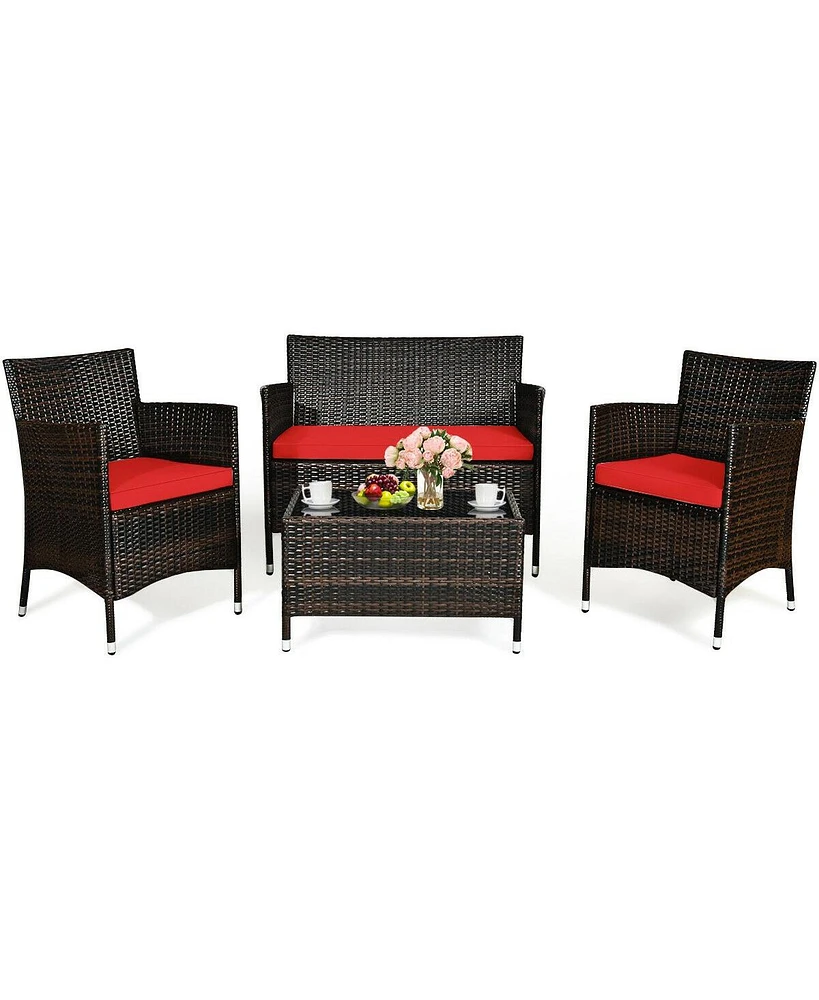 Sugift 4 Pieces Comfortable Rattan Outdoor Conversation Furniture Set with Glass Table