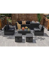 Sugift 8 Pieces Patio Rattan Storage Table Furniture Set-Black