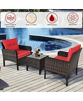 Sugift 3 Pcs Outdoor Patio Rattan Conversation Set with Seat Cushions-Red