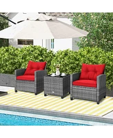 Sugift 3 Pieces Outdoor Wicker Conversation Set with Tempered Glass Tabletop-Red