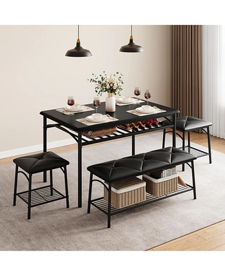 gaomon Kitchen Table with Bench, Dining Room Table Set for 4 with Upholstered Bench and Square Stools