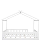 Slickblue Wooden House Bed Frame with Fence for Kids' Room for Fun and Safe Sleeping Space