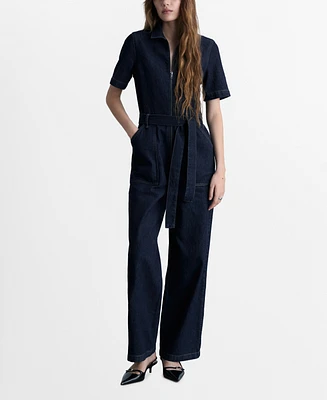 Mango Women's Belted Denim Jumpsuit