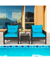 Sugift 3 Pcs Outdoor Patio Rattan Conversation Set with Seat Cushions-Turquoise