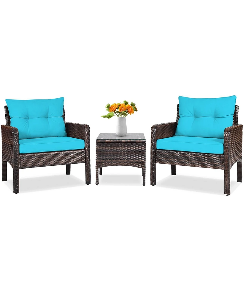 Sugift 3 Pcs Outdoor Patio Rattan Conversation Set with Seat Cushions-Turquoise