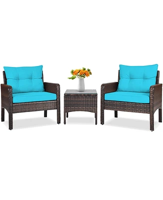 Sugift 3 Pcs Outdoor Patio Rattan Conversation Set with Seat Cushions-Turquoise