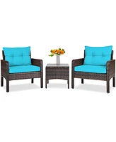 Sugift 3 Pcs Outdoor Patio Rattan Conversation Set with Seat Cushions-Turquoise