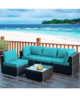 Sugift 5 Pieces Cushioned Patio Rattan Furniture Set with Glass Table-Turquoise