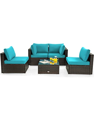 Sugift 5 Pieces Cushioned Patio Rattan Furniture Set with Glass Table-Turquoise