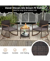 Sugift 3 Pieces Rattan Rocking Bistro Set with Coffee Table and Cushions-Gray