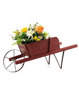 Sugift Wooden Wagon Planter with 9 Magnetic Accessories for Garden Yard-Red