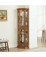 Slickblue Lighted Corner Curio Cabinet with Glass Display Shelves & Tempered Glass Door Elegant Storage Solution