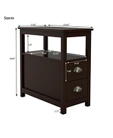 Slickblue Narrow End Table Nightstand with Two Drawers and Open Shelf, Brown Finish for Bedroom or Living Room