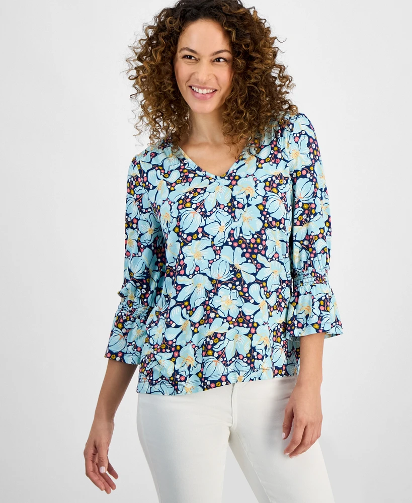 Style & Co Petite Blooming Floral V-Neck Smocked-Shoulder Top, Exclusively at Macy's