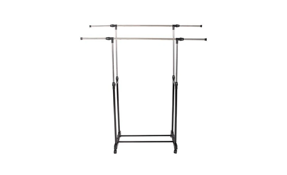 Slickblue Adjustable Dual-Bar Clothes Rack with Shoe Shelf, Vertical & Horizontal Stretch, Black & Silver Yj-04