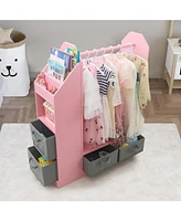Slickblue Kids Open Hanging Armoire Closet with Mirror, Pink Costume Organizer Rack for Dress-Up Storage
