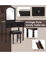 Sugift Makeup Vanity Table and Stool Set with Detachable Mirror and 3 Drawers Storage-Walnut